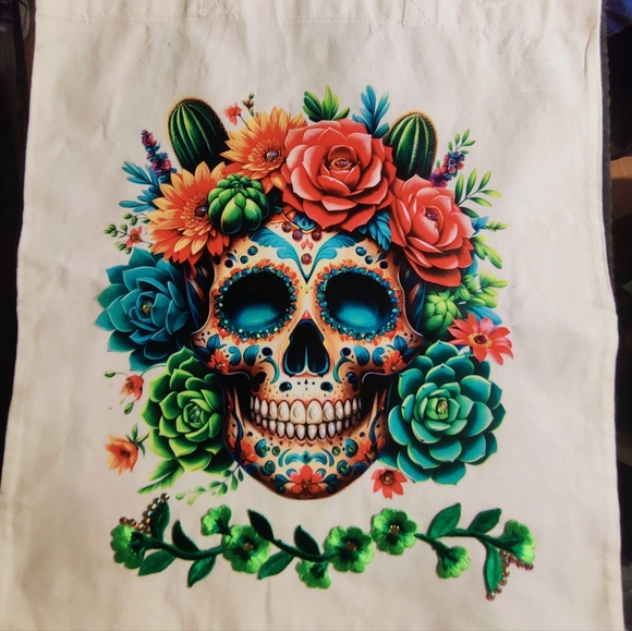 Colorful Skull and Floral Tote Bag - Picture 5 of 15